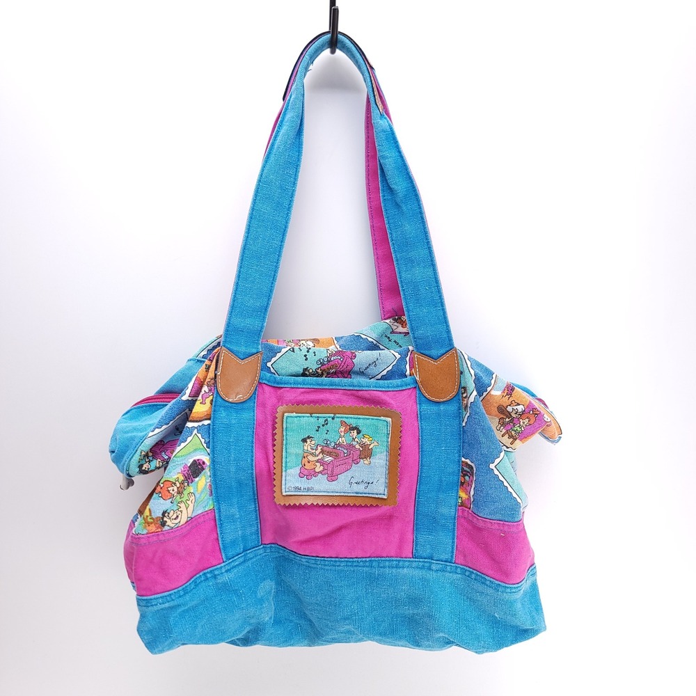 Vintage 1994 The Flintstones Hanna-Barbera Canvas Tote Bag Blue Pink 90s Cartoon